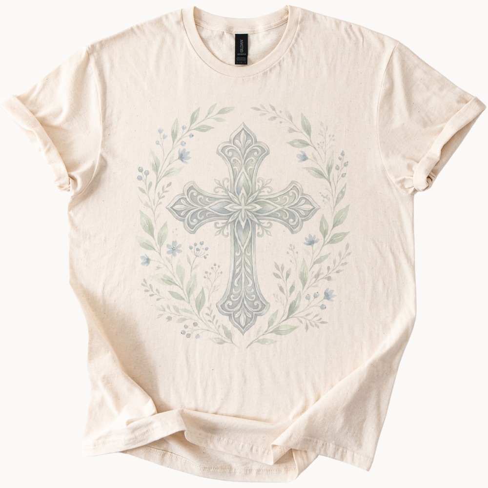 Ornate Cross Botanical Graphic Tee Natural Elegant Floral